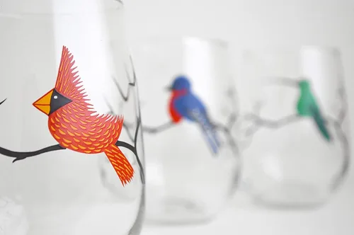 Vista 5 de Juego de 4 copas de vino sin tallo, colección de cristalería serigrafiada, regalos para observación de aves