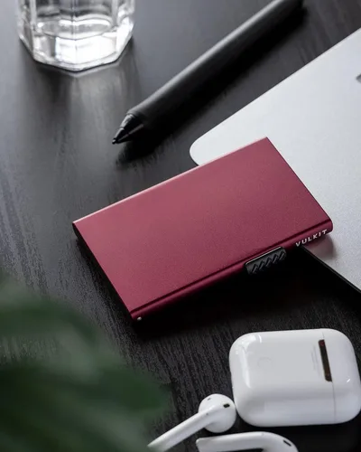 Vista 5 de VULKIT Tarjetero minimalista Pop Up Tarjetas RFID Protección Slim Metal Wallet, Vino, Minimalista