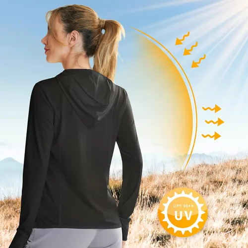 Vista 2 de Libin sudadera con capucha para mujer, con cremallera completa, UPF 50+, capucha con protección solar, de manga larga, para senderismo