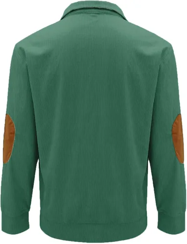 Vista 3 de CHUOAND Camisa de pana para hombre, cuello de solapa, botones, cuello alto, manga larga, suéteres con parches en los codos