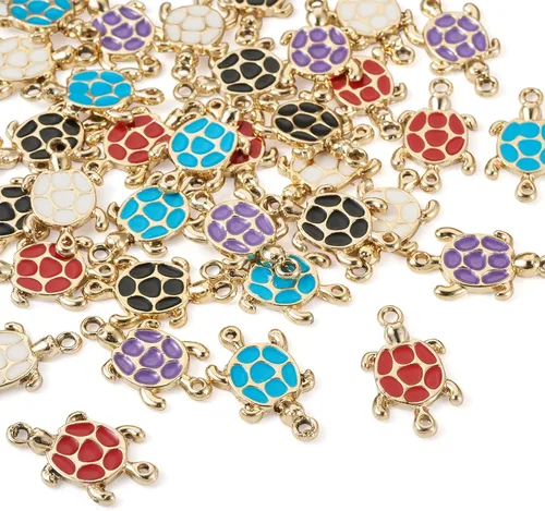 Vista 8 de Craftdady 40 dijes de eslabones de metal de tortuga, tortuga marina, aleación esmaltada, colgantes, dijes colgantes de animales dorados claros