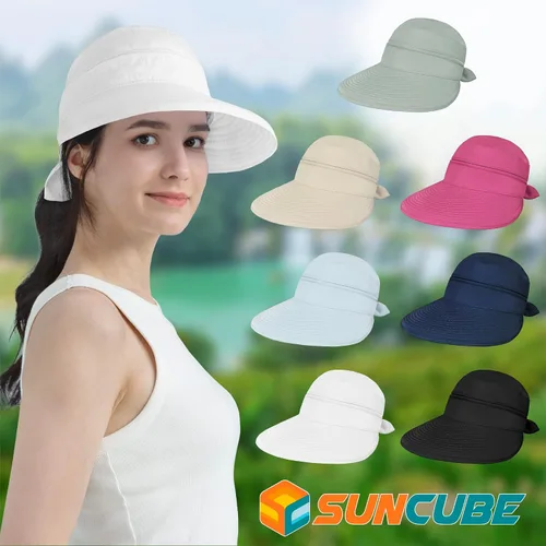 Vista 7 de SUN CUBE Sombrero de sol para mujer para protección UV al aire libre, sombrero de sol de ala ancha, cola de caballo, sombrero de playa convertible
