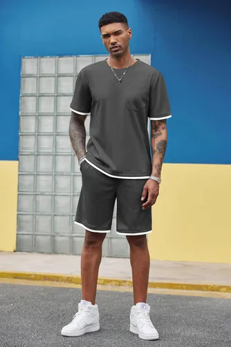 Vista 32 de COOFANDY Conjunto de camisa y pantalones cortos de gofre para hombre, conjunto de 2 piezas, conjunto casual de verano con bolsillos