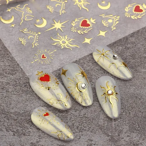 Vista 8 de TailaiMei Calcomanías para uñas de luna y estrella, para el día de San Valentín, calcomanías autoadhesivas de arte de uñas de corazón dorado