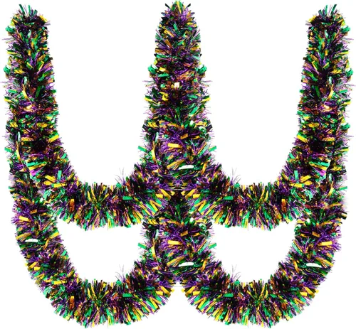 Vista 8 de Guirnalda de oropel de Mardi Gras de 20 pies/19.7 ft con luces LED, guirnalda metálica de oropel con pilas, guirnalda colgante de lámina colorida