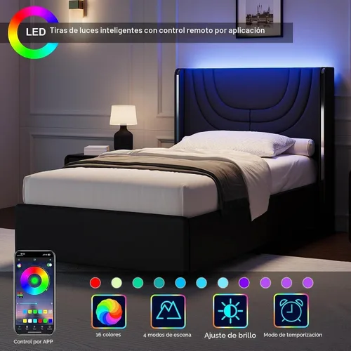 Vista 3 de REVOMINCA Base de cama individual con luces LED, plataforma tapizada de piel sintética con cabecera de ala plateada, estilo moderno, no necesita