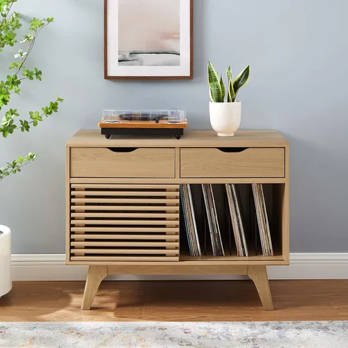 Vista 2 de Modway Render Mid-Century - Soporte para discos de vinilo de 37 pulgadas con cajones en roble