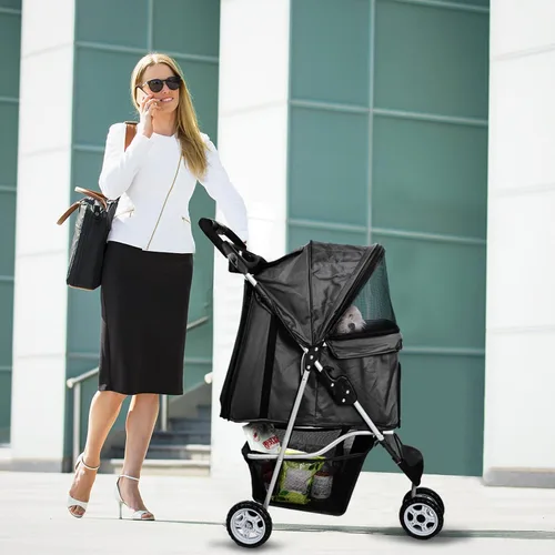 Vista 7 de Cochecitos para mascotas para perros y gatos pequeños, medianos y pequeños, cochecito de perro de 3 ruedas, plegable, flexible, fácil de llevar