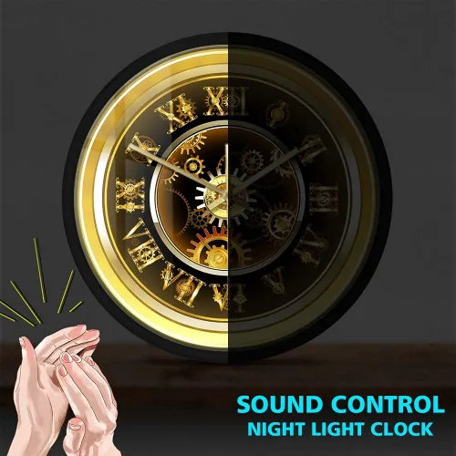 Vista 2 de Geek Alerts Clockwork - Reloj de pared de cuarzo silencioso estilo steampunk con control de voz, luz nocturna LED para dormitorio, hogar, números