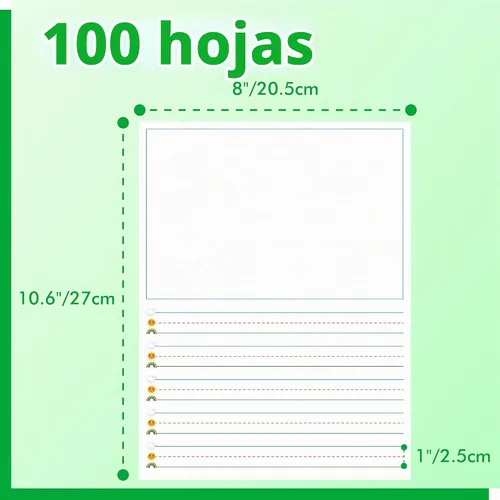 Vista 2 de 100 hojas de papel de escritura a rayas, impresión de doble cara, espacio de líneas de 1 pulgada con área en blanco, papel de escritura a mano