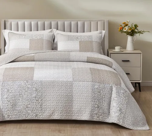 Vista 20 de Chezmoi Collection Caleb - Juego de edredón de 2 piezas con diseño floral a cuadros en gris apagado, blanco y marfil, rectangular, prelavado