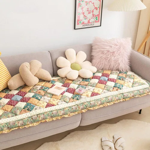 Vista 5 de vctops Funda acolchada de algodón bohemio con retazos para sofá, funda de sofá modular con volantes para sala de estar, antideslizante, suave, cojín
