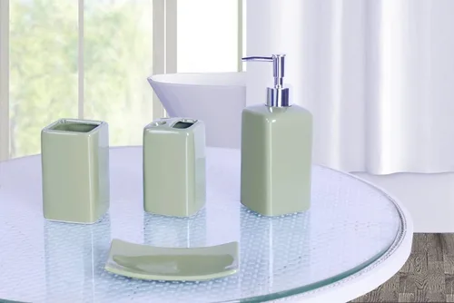 Vista 4 de Juego de accesorios para encimera de baño de 4 piezas de cerámica maciza (beige)