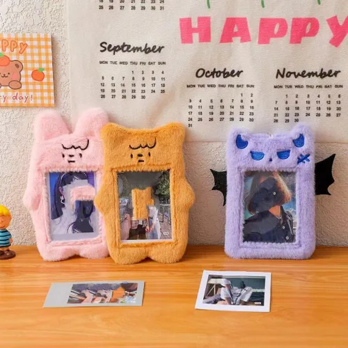 Vista 3 de Tooe 3 pulgadas Kpop Photocard Holder Llavero Y2K Kawaii Coreano Tarjetero Felpa Diablo Funda Linda Estética Foto Manga, Púrpura