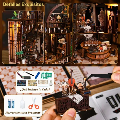 Vista 6 de Kit de casa en miniatura, rompecabezas de madera 3D para adultos, kit de rincón de libro con luz LED táctil, inserto de estantería de biblioteca
