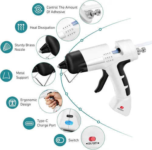 Vista 4 de Kit de pistola de pegamento caliente inalámbrica de 20 W con cargador tipo C, mini pistola de pegamento y palos con 30 barras de pegamento