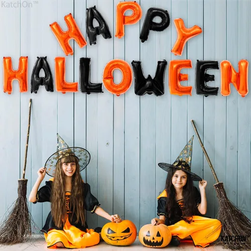 Vista 4 de KatchOn, Cartel de globos de Feliz Halloween, 16 pulgadas, paquete de 14, pancarta de feliz Halloween para decoraciones de fiesta de Halloween