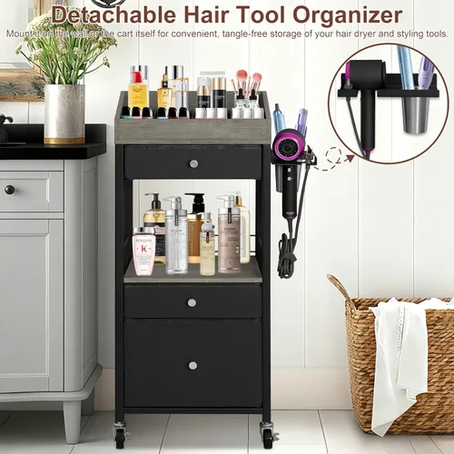 Vista 8 de Carrito organizador de maquillaje con 3 cajones, carrito de almacenamiento de cosméticos rodante con divisores ajustables, soporte de herramientas