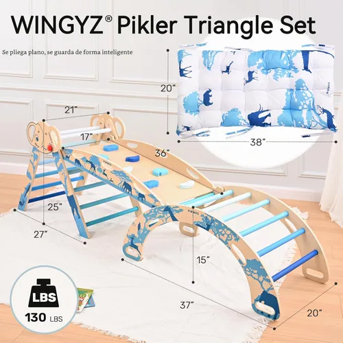Vista 2 de WINGYZ Pikler Triangle Set, Montessori 8 en 1 Juego de escalada con cojín Azul