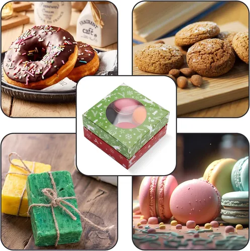 Vista 3 de 60 cajas de galletas de Navidad de 4.3 x 4.3 x 1.2 pulgadas, cajas de panadería de Navidad con ventana redonda transparente para panadería