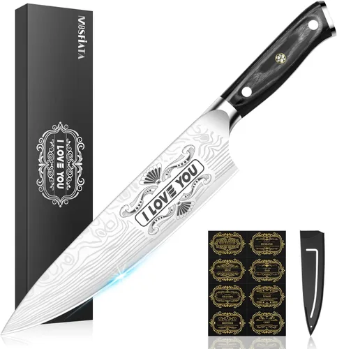 Vista 7 de MOSFiATA - Cuchillo de chef de 10 pulgadas súper afilado, cuchillo de cocina profesional con protector de dedos en caja de regalo, cuchillo