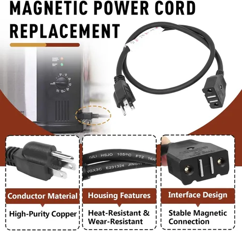 Vista 4 de 9001150010 Cable de alimentación magnético compatible con freidora eléctrica Masterbuilt 10L XL, cable de freidora magnética de repuesto
