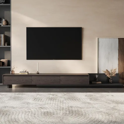 Vista 3 de Soporte de TV extensible moderno Mid-Century con 3 cajones, centro de entretenimiento ajustable para sala de estar y dormitorio (79 a 130 pulgadas)