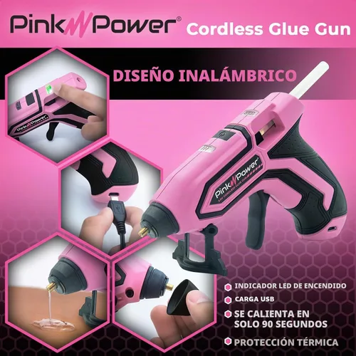 Vista 5 de Pink Power - Mini kit de pistola de pegamento caliente inalámbrica con soporte, batería de 20 palos