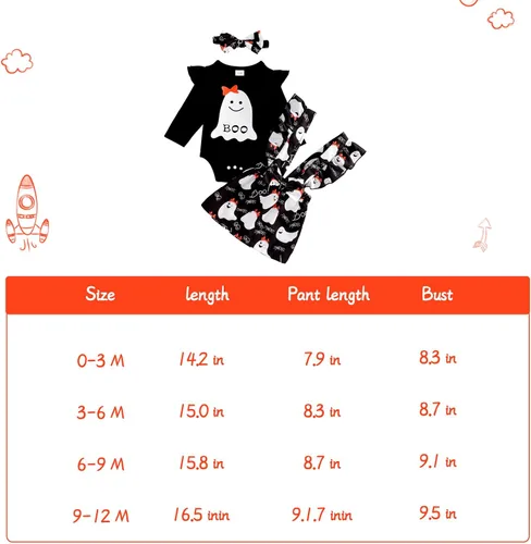 Vista 7 de Conjunto de ropa de Halloween para recién nacido, con volantes, tirantes, calabaza, murciélago, fantasma, falda con diadema