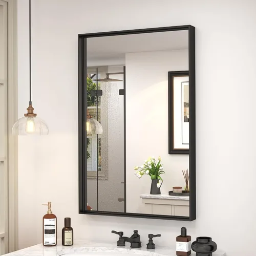 Vista 27 de Paquete de 2 espejos de baño con marco de metal negro de 22 x 30 pulgadas, espejo rectangular redondeado negro mate, antioxidante, se cuelga