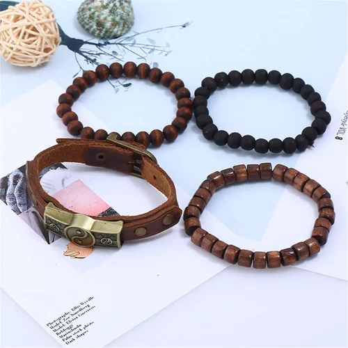 Vista 5 de 4 pulseras de cuero, diseño étnico con símbolo taoísta de Yin Yang