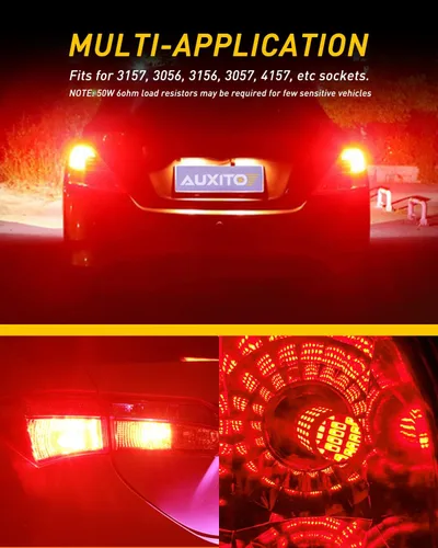 Vista 6 de Auxito Focos LED 3157 mejorados, rojo, 500% más brillantes, 3056, 3156, 3057, 4157, chip 102-SMD, proyector para luces de freno, freno trasero, Rojo