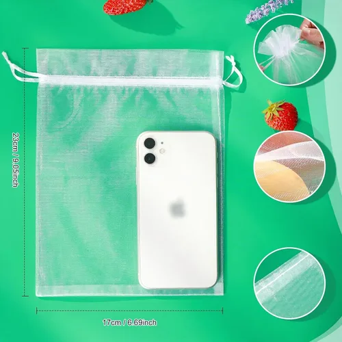 Vista 2 de 50 bolsas de protección de frutas, 6 x 9 pulgadas, bolsas de red de frutas blancas para árboles frutales, bolsa de malla con cordón, bolsas