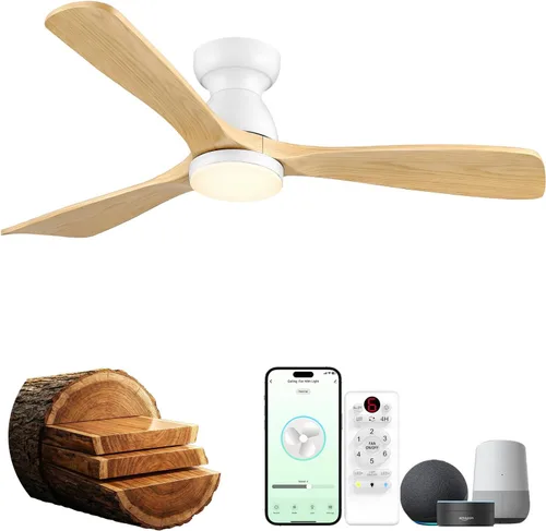 Vista 14 de Ventiladores de techo inteligentes de 52 pulgadas con luces, ventilador de techo de madera de perfil bajo para exteriores, motor de CC silencioso