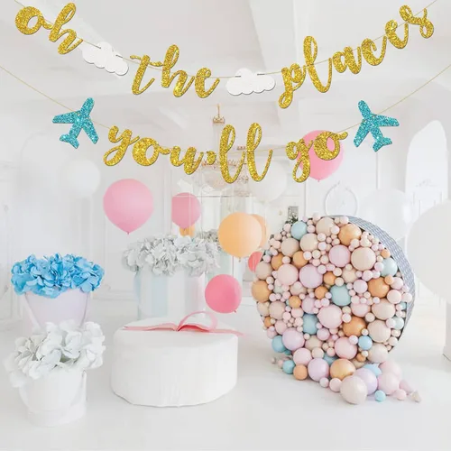 Vista 6 de INNORU Cartel de Oh The Places You Go - Decoración de banderines para fiesta de despedida temática de viaje, Bon Voyage, cumpleaños, aniversario