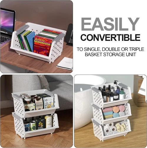 Vista 5 de Cestas de almacenamiento apilables de plástico de 3 niveles, cesta apilable para organizar alimentos, aperitivos, color blanco Plastic Kitchen