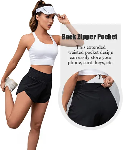 Vista 4 de BMJL Pantalones cortos deportivos de cintura alta para mujer, ligeros, para correr, gimnasio, entrenamiento, con bolsillo trasero