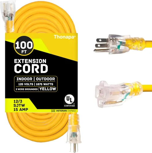 Vista 6 de Thonapa - Cable de extensión de calibre 10, 10 pies para exteriores, resistente 10/3, 3 clavijas SJTW Yellow Cable, Lighted End, Grounded Plug, 3