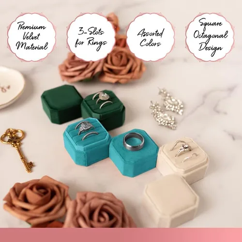 Vista 4 de NIMSIN Caja de terciopelo para anillos de alta calidad para ceremonia de boda con tapa desmontable, elegante y bonita caja para anillos de boda, 3