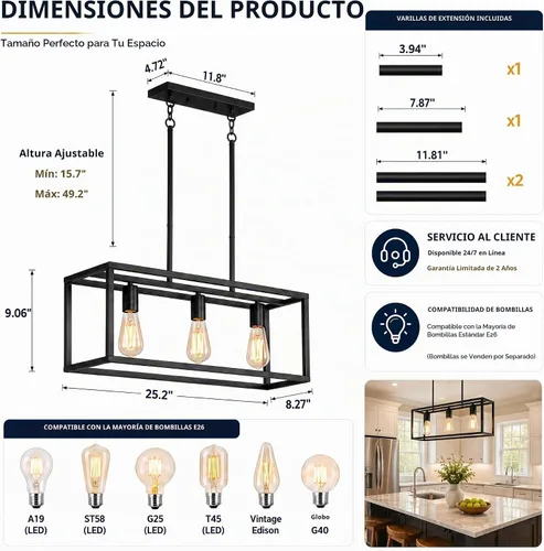 Vista 3 de Iluminación negra para isla de cocina, moderna lámpara rectangular de jaula lineal, 3 luces, lámpara colgante de metal industrial para granja