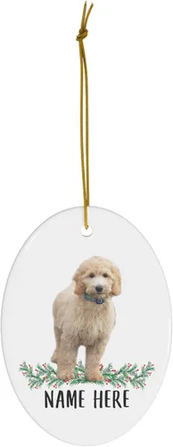 Vista 2 de Funny Goldendoodle Gold - Adornos para árbol de Navidad 2025, ovalados de cerámica