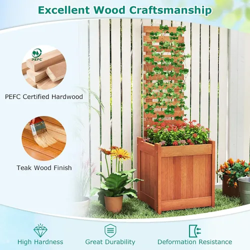 Vista 6 de Giantex Cama de jardín elevada de madera con enrejado, maceta para exteriores con base abierta para plantas trepadoras, profundidad de plantación