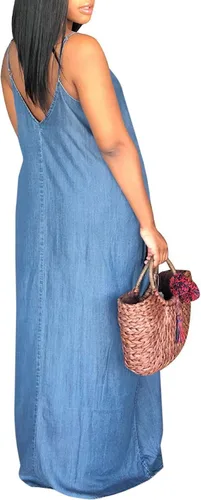 Vista 2 de Chuanqi - Vestido de mezclilla de verano largo hasta el tobillo para mujer, corte suelto estilo casual, tirantes delgados, profundo cuello en V