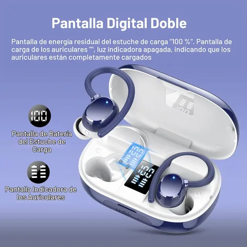 Vista 4 de hadbleng Auriculares inalámbricos con Bluetooth con pantalla digital LED de 128 horas de reproducción, gancho sobre la oreja con micrófono, sonido