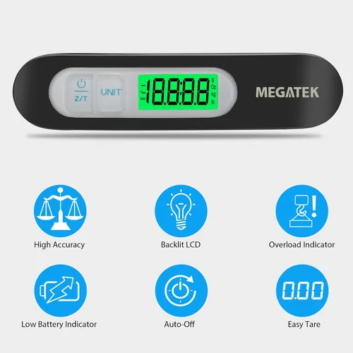 Vista 2 de MEGATEK Báscula digital portátil para equipaje, báscula de pesaje de maleta de viaje de mano con panel de acero inoxidable, pantalla LCD