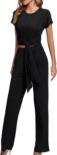 Vista 4 de LYANER Conjunto de 2 piezas para mujer, top corto de manga corta con nudo de corbata y pantalones de cintura alta