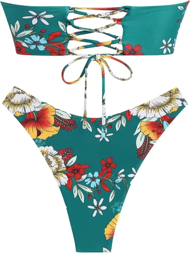 Vista 5 de ZAFUL Bikini bandeau anudado para mujer, trajes de baño sin tirantes, traje de baño de corte alto, sexy y atrevido con lazo lateral