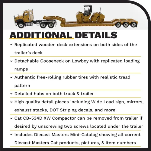 Vista 5 de Diecast Masters Tractor de cabina de día Caterpillar CT660 a escala 1:50 y remolque XL120 Lowboy con compactador de asfalto vibratorio Cat CB-534D