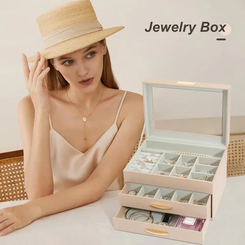 Vista 6 de V-LAFUYLIFE Organizador de joyas, caja de joyería de cuero de 3 niveles con 2 cajones, joyero para mujeres y niñas, caja de joyería de gran