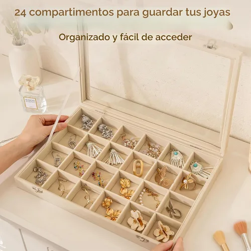 Vista 7 de Frebeauty Bandeja de joyería de 24 rejillas con tapa transparente Beige